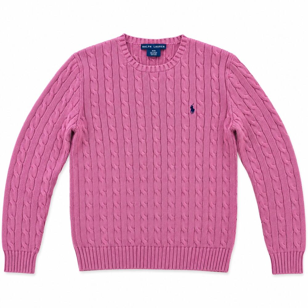 Ralph Lauren Women's Pink Cableknit 100% Cotton Crewneck Sweater Pony Size XL